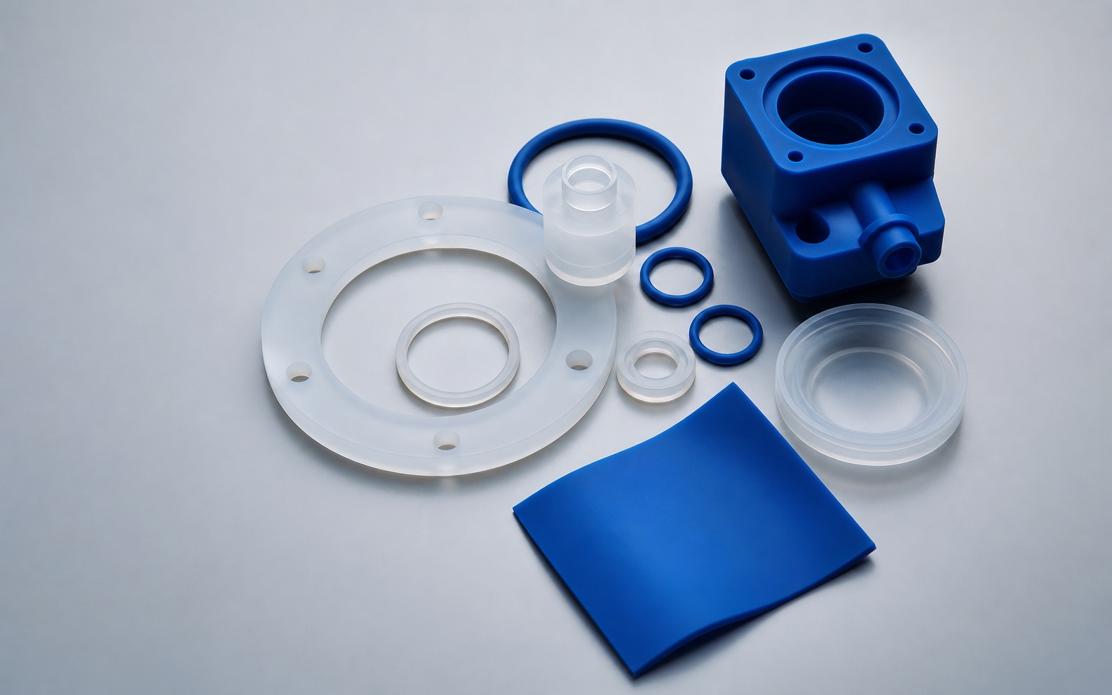Precision molded components in translucent and blue silicone