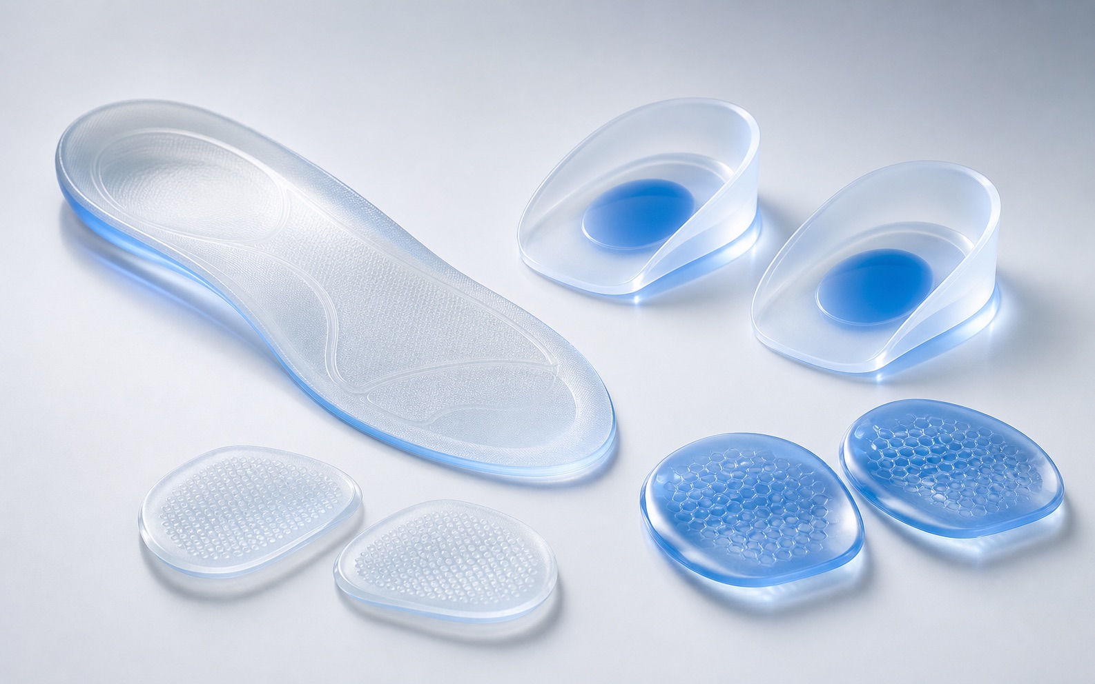 Silicone orthopedic insoles, heel cups and cushioning pads